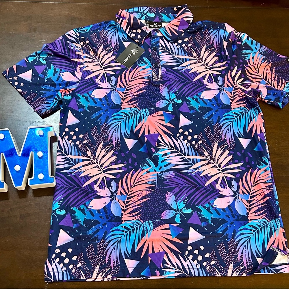 Vincent Men's Tropical "Pastel Flora" Print Polo Shirt - Blue and Pink, Size L